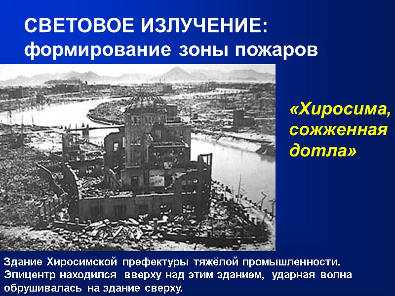 СВЕТОВОЕ ИЗЛУЧЕНИЕ: формирование зоны пожаров «Хиросима, сожженная дотла» Здание Хиросимской префектуры тяжёлой промышленности. Эпицентр